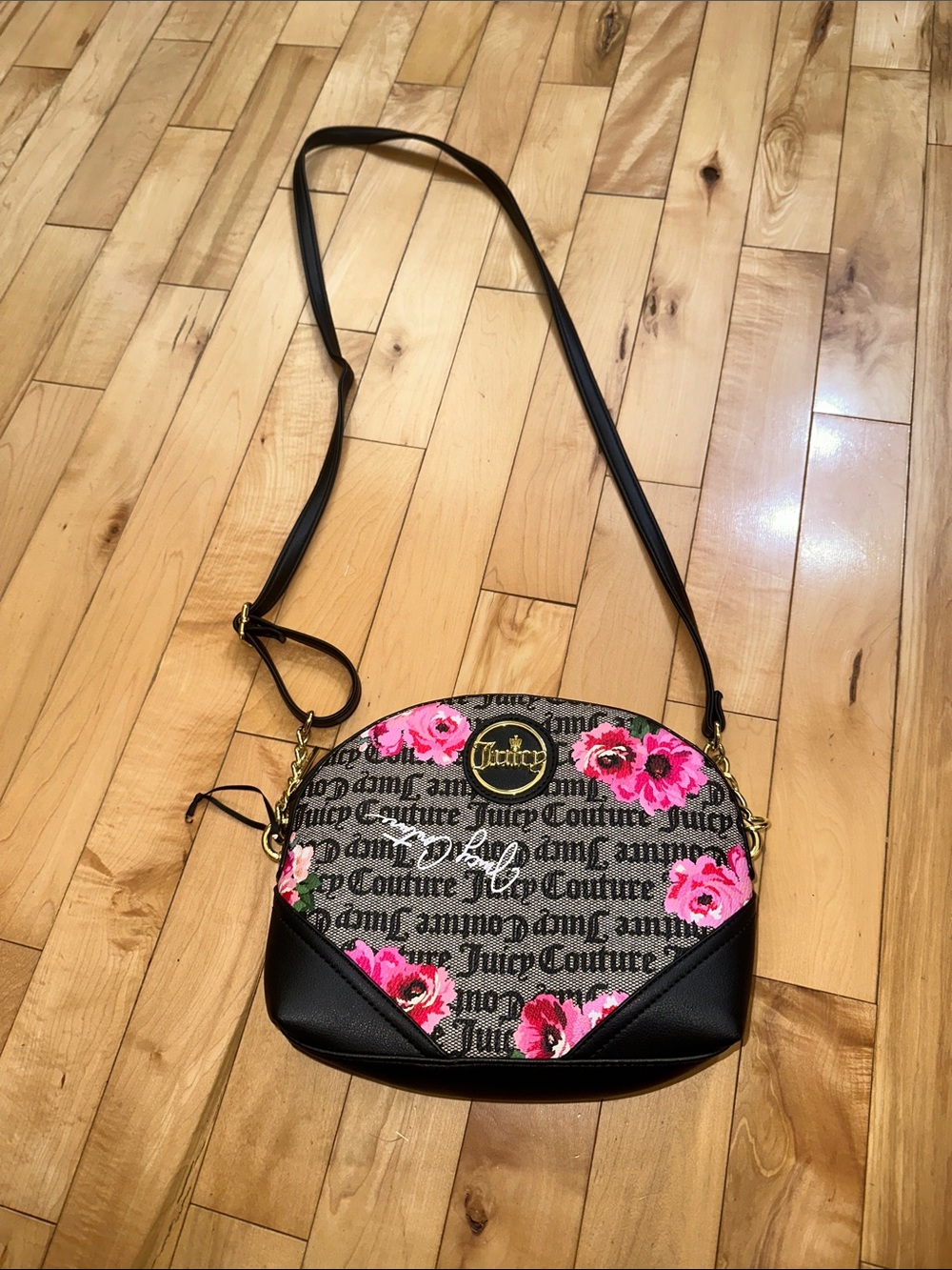 NWOT Juicy Couture “If The Crown Fits” Black & Pink Floral Logo Crossbody